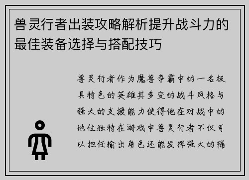 兽灵行者出装攻略解析提升战斗力的最佳装备选择与搭配技巧