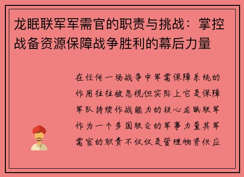 龙眠联军军需官的职责与挑战：掌控战备资源保障战争胜利的幕后力量